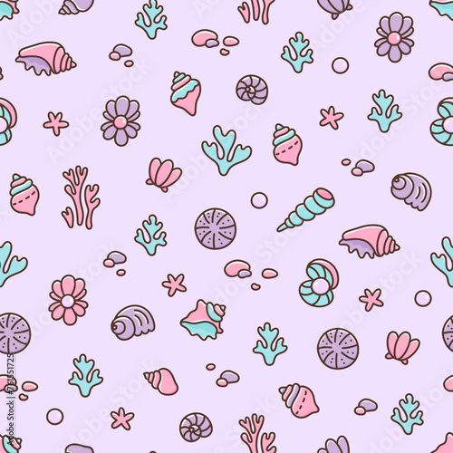 Beach memories. Natural seamless pattern with sea or ocean life. Undersea backdrop with shells, pearls, corals, pebbles, starfish. Cartoon kawaii design on purple background. Vector illustration