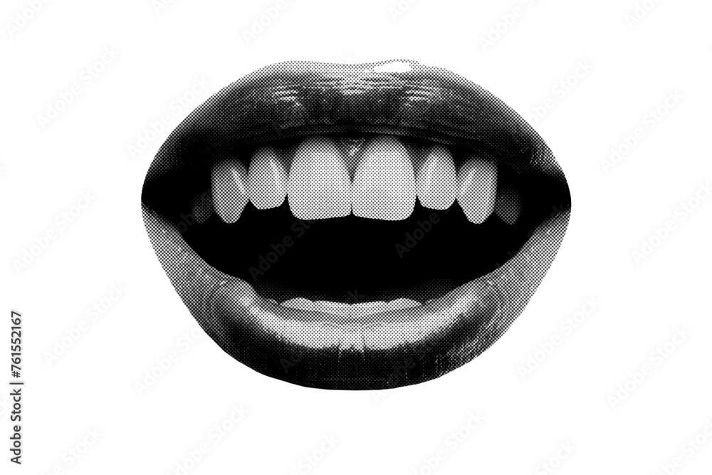 Naklejka premium Abstract halftone smiling mouth collage element. Trendy grunge design element