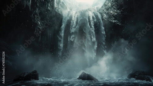 White waterfall, dark background, white mist, water droplets, fantasy style, game scene design, concept art, low angle view, wide angle lens, cool tone, mysterious atmosphere