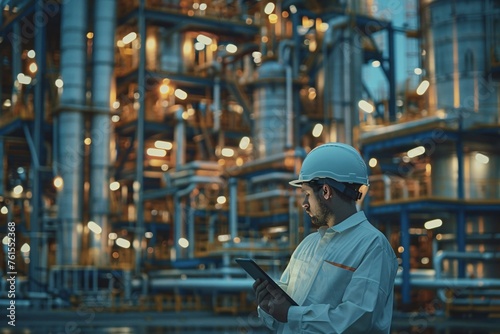 Industrial tech master overseeing with a white safety helmet in front of an oil refinery. Petrochemical gas industry zone. Oil storage tanks and pipelines. Worker in the refinery. ai generative