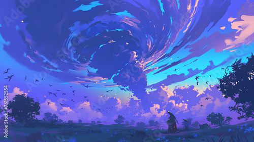 amazing anime tornado storm, 2d illustration