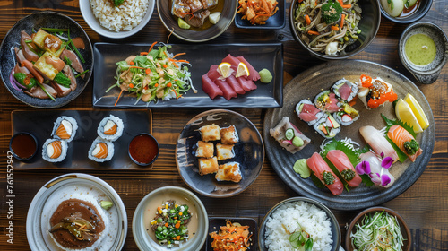 Assorted Japanese cuisine dishes on a wooden table. Overhead view of sushi, sashimi, rolls, and traditional sides. Japanese dining experience concept