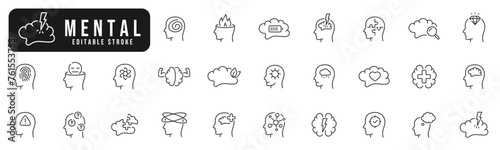 Set of mental related line icons. Mind, brain, depression, disorder, head, health etc. Editable stroke