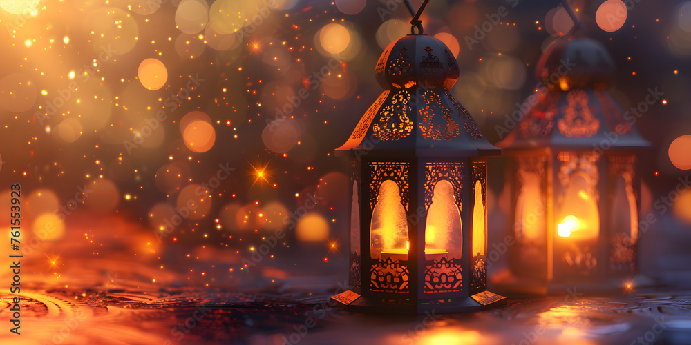 Ramadan ambiance with glowing lanterns and blurred golden light in the background Eid Mubarak beautiful Islamic and Arabic calligraphy wishes lamp background Ramadan Kareem concept banner and wallpapr