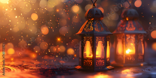 Ramadan ambiance with glowing lanterns and blurred golden light in the background Eid Mubarak beautiful Islamic and Arabic calligraphy wishes lamp background Ramadan Kareem concept banner and wallpapr © Faiza