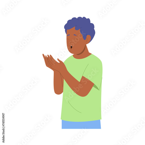 Isolated little boy kid cartoon character showing praying pose feeling peace and positive emotion