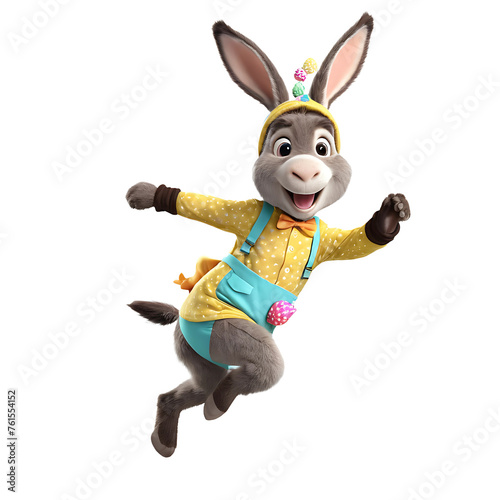 Cute Donkey Plush Toy Wearing Easter Bunny Costume: Happy, Jumping, Playing, Running. Isolated on Transparent or White Background. PNG Clipart