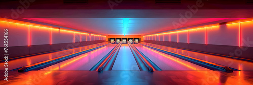 Vibrant Neon Lights of a Bowling Alley Creating Atmosphere, Brightly lit bowling alley with bowling balls and bowling lanes