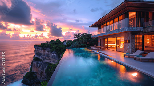 Luxury Cliffside Villa with Infinity Pool at Sunset © lin