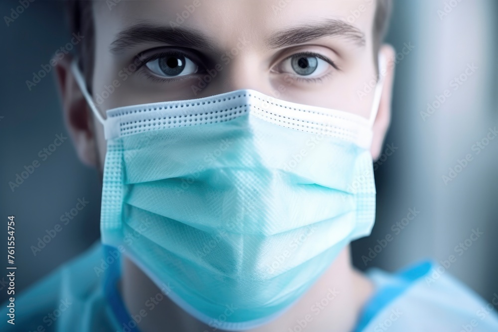 Portrait of young male doctor in medical clothes and mask on his face looks intently at the camera. Solid blue background. Medicine, healthcare, help and treatment of people Portrait of young male doctor in medical clothes and mask on his face looks intently at the camera. Solid blue background. Medicine, healthcare, help and treatment of people