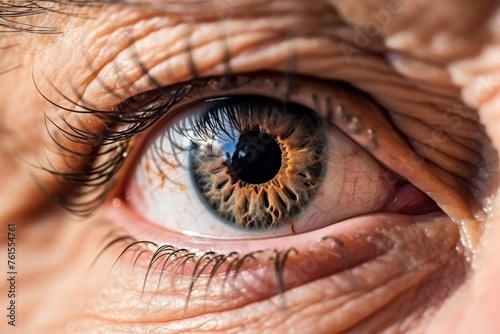Macro photography of old woman's eyes, grandmother with wrinkled skin around. Piercing gaze of an old man, close-up of the pupil of the eye