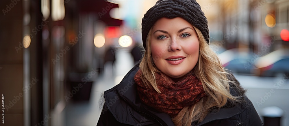 A woman with black hair, wearing a hat and scarf, is standing on a city street. Her smile and eyelashes show she is happy and enjoying the event. The fun fur adds a touch of travel adventure A woman with black hair, wearing a hat and scarf, is standing on a city street. Her smile and eyelashes show she is happy and enjoying the event. The fun fur adds a touch of travel adventure