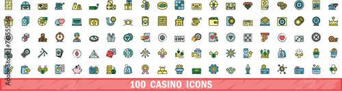 100 casino icons set. Color line set of casino vector icons thin line color flat on white