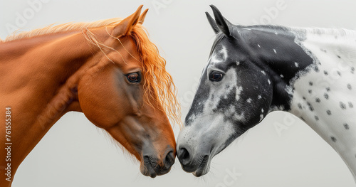 Dynamic Duos Highlight the beauty of horse pairs  whether in playful interaction or synchronized movement  against a simple white backdrop. Image generated by AI