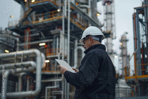 Industrial tech master overseeing with a white safety helmet in front of an oil refinery. Petrochemical gas industry zone. Oil storage tanks and pipelines. Worker in the refinery. ai generative