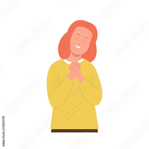 Grateful girl prayer cartoon character smiling and feeling thankful gesturing religious palm