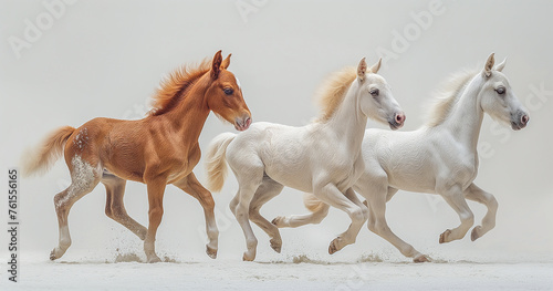 Foal Frolic Show the playful innocence of foals as they explore and interact against a simple white backdrop Image generated by AI