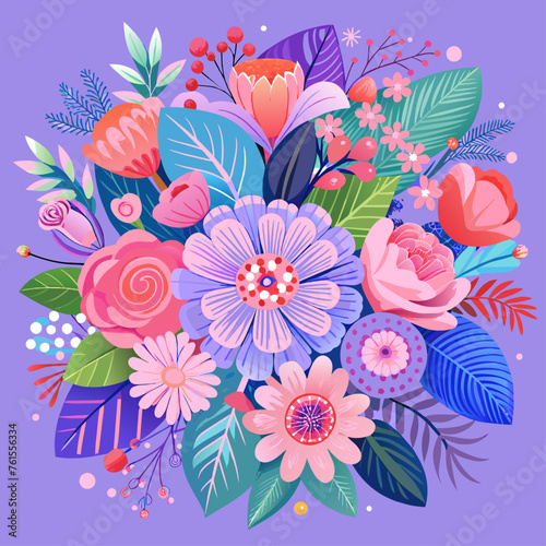 Floral bouquet with pink flowers  leaves and berries. Vector illustration.