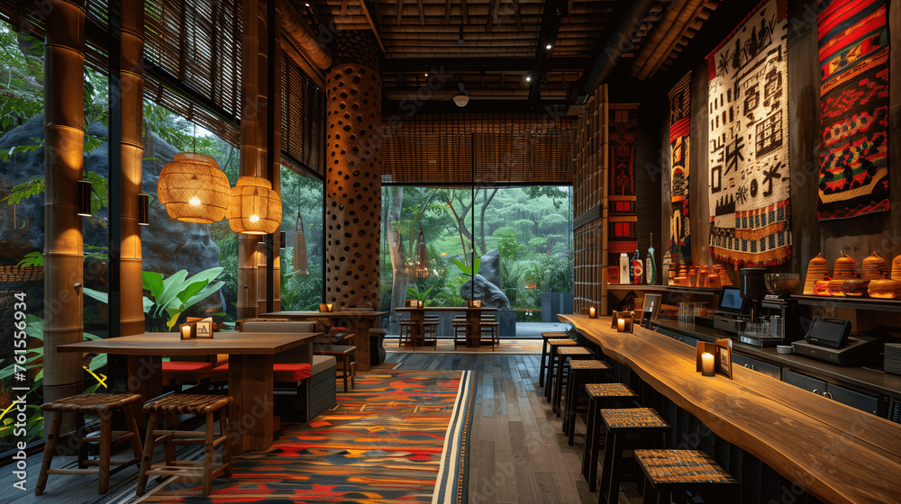 Rustic Asian-style Restaurant Interior with Lush Greenery View