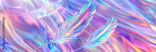 Vibrant Digital Artwork of Iridescent Feathers Floating on a Holographic Background