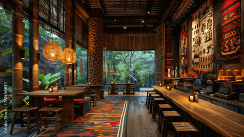 Rustic Asian-style Restaurant Interior with Lush Greenery View