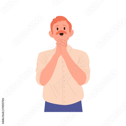 Isolated mature man cartoon character praying asking god for help and support with deep faith