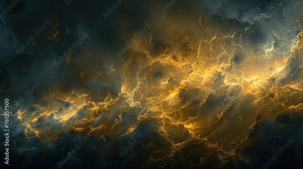 Horizontal golden lightening thunderstorm on a dark background. AI generated image