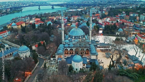 Aerial view of Eyüp Sultan Mosque in the Golden Horn from a drone. photo