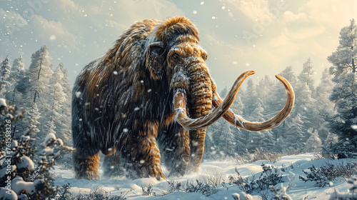 A mammoth against a backdrop of snow-capped forest, representing extinct wildlife