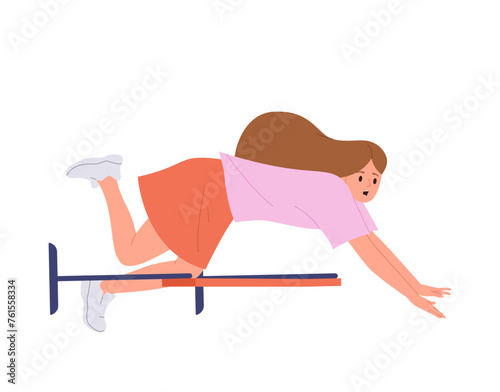 Young teenager girl student cartoon character falling down while running race with obstacles