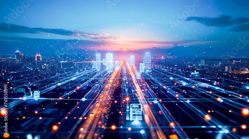 Fototapeta Naklejka Na Ścianę i Meble -  AI Guardrails Futuristic generic concept sport car speeding city highway, Blue light data Autonomous Self Driving Vehicle, Business IOT concept, Wireless communication connecting of smart city,Robot