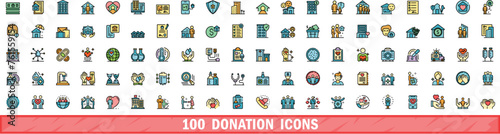 100 donation icons set. Color line set of donation vector icons thin line color flat on white