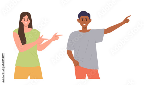 Happy man and woman cartoon characters pointing aside with index finger advertising something