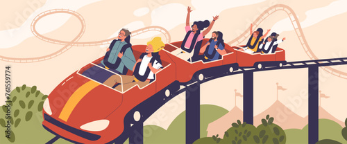 Thrilled Riders, Arms Raised, Scream With Excitement And Fear As They Plummet And Twist On The Roller Coaster Track