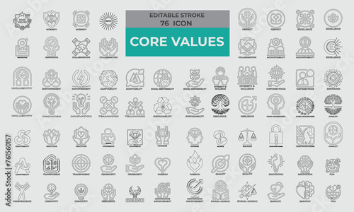76 Stroke Icons for Core Values set in line style. Excellent icons collection. Vector illustration.