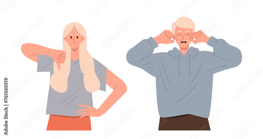 Young dissatisfied frustrated sad man and woman cartoon characters feeling negative emotions Young dissatisfied frustrated sad man and woman cartoon characters feeling negative emotions