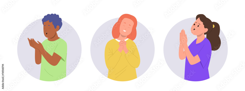 Isolated round icon composition set with happy boy and girl children prayer cartoon characters