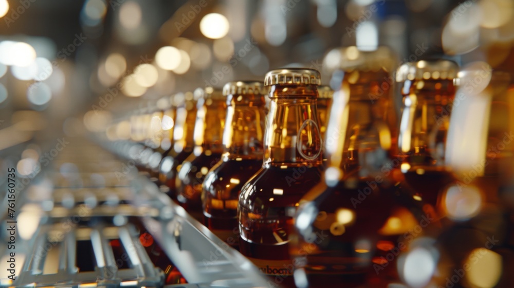 Close-up of brown alcohol bottles with gold caps moving along a high-tech conveyor in a beverage production plant