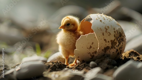 Cute baby chick hatching out of broken egg isolated on a transparent or white background as PNG
