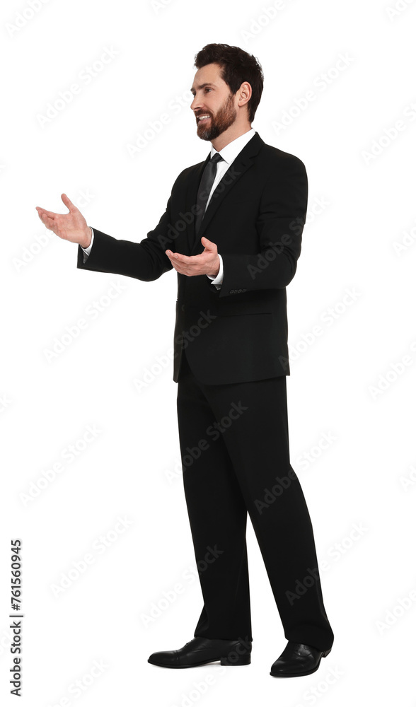 Handsome man greeting someone on white background Handsome man greeting someone on white background