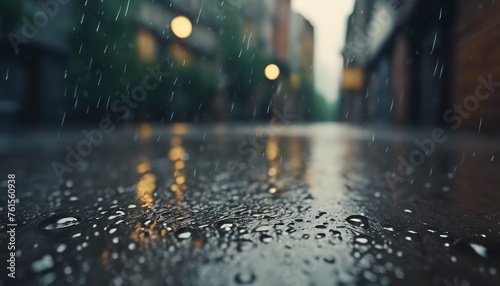 rainy day in the city, rainy day scene, empty street, rain drops on the ground
