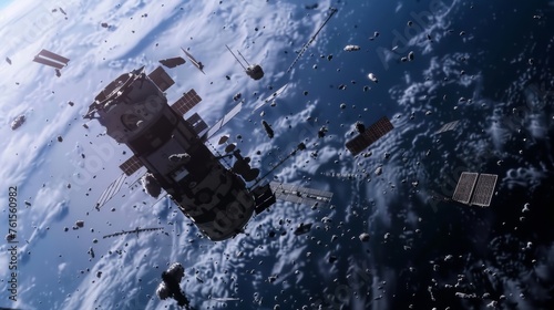 Space debris surrounds a satellite orbiting Earth in a stunning view of our planet from the cosmos highlighting the challenge of managing orbital trash