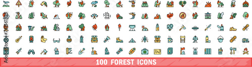 100 forest icons set. Color line set of forest vector icons thin line color flat on white
