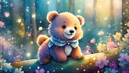 Detailed Illustration of a print of a cute colorful baby bear photo