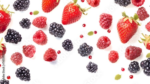 Falling wild berries mix, strawberry, raspberry, blackberry, isolated on white background. 
