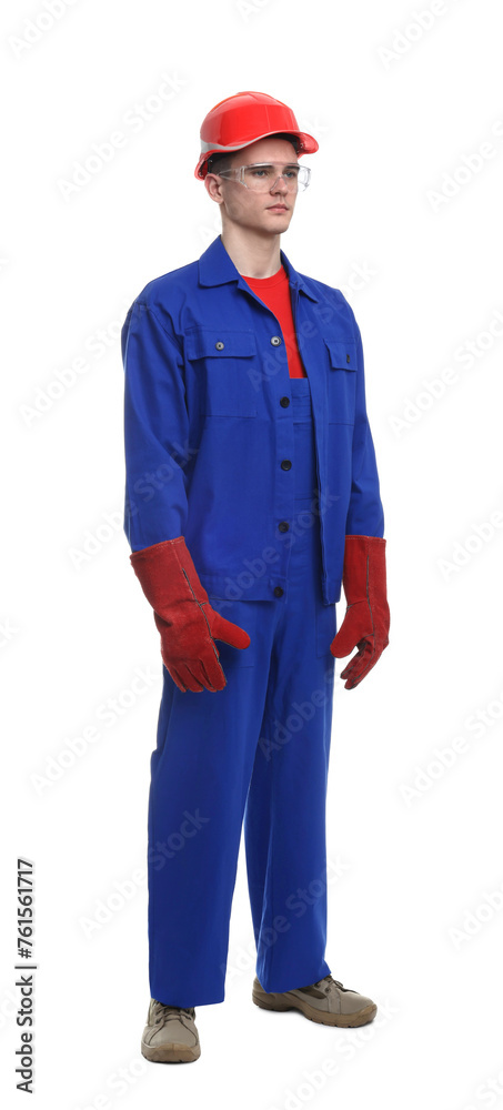 Young man wearing safety equipment on white background Young man wearing safety equipment on white background