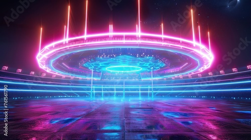 Digital futuristic Stadium building with neon light. AI generated image