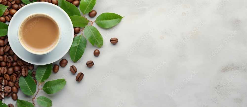 A Coffee cup is placed on a saucer along with Coffee beans and leaves, all sitting on a Tableware. The scene is set with Drinkware and Ingredient for a relaxing drink A Coffee cup is placed on a saucer along with Coffee beans and leaves, all sitting on a Tableware. The scene is set with Drinkware and Ingredient for a relaxing drink