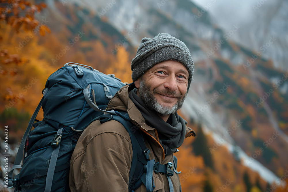 Obraz premium Closeup of young man with snowy beard in the mountains