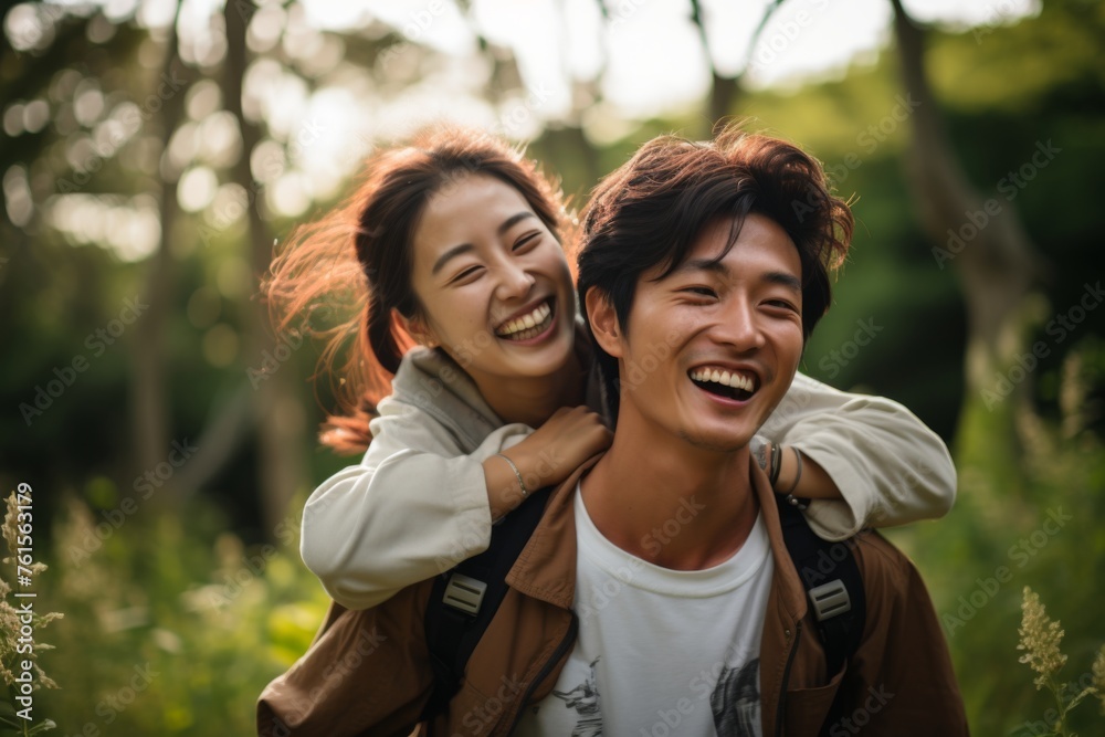 Happy couple enjoying a joyful moment in a sunlit meadow surrounded by greenery on a warm afternoon Happy couple enjoying a joyful moment in a sunlit meadow surrounded by greenery on a warm afternoon